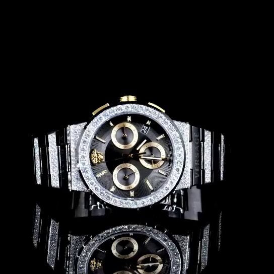 Luxury Chronograph Iced-Out Watch – Black & Gold Dial | Diamond Bezel Versace Style Men's Watch