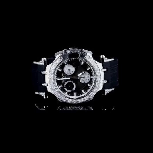 “Men’s Luxury Iced Out Chronograph Watch with Rubber Strap – Diamond Bezel Sport Watch”