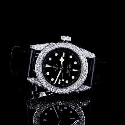 "Tudor Style Luxury Diamond Bezel Watch – Black Dial Iced Out Men’s Timepiece with Leather Strap"
