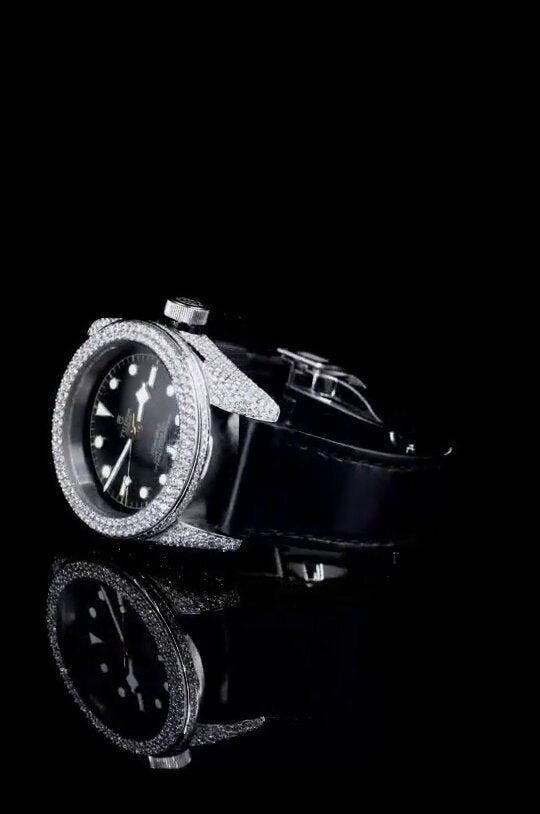 "Tudor Style Luxury Diamond Bezel Watch – Black Dial Iced Out Men’s Timepiece with Leather Strap"