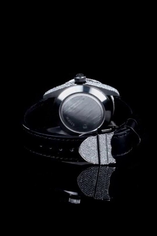 "Tudor Style Luxury Diamond Bezel Watch – Black Dial Iced Out Men’s Timepiece with Leather Strap"