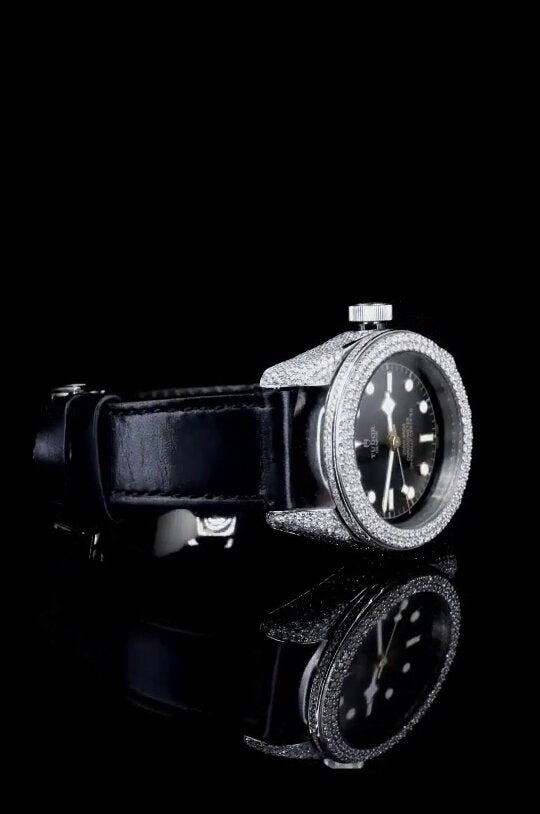 "Tudor Style Luxury Diamond Bezel Watch – Black Dial Iced Out Men’s Timepiece with Leather Strap"