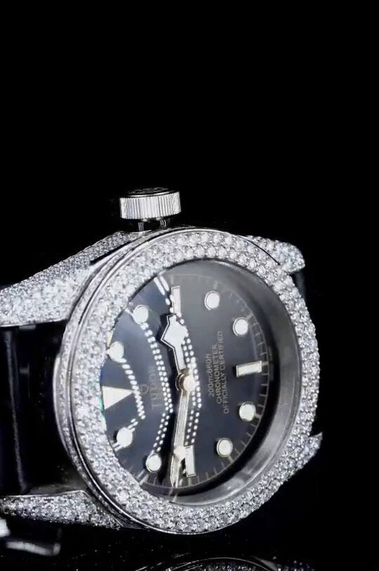 "Tudor Style Luxury Diamond Bezel Watch – Black Dial Iced Out Men’s Timepiece with Leather Strap"
