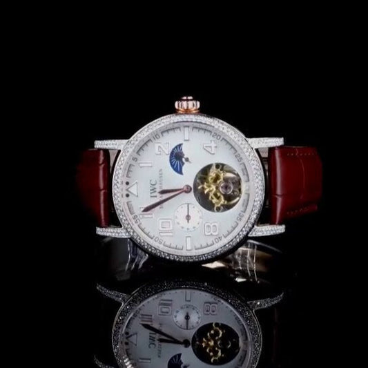 "IWC Style Diamond Bezel Automatic Watch with Skeleton Dial & Red Leather Strap – Luxury Timepiece for Men"