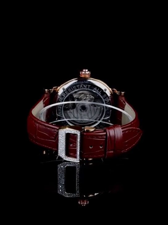 "IWC Style Diamond Bezel Automatic Watch with Skeleton Dial & Red Leather Strap – Luxury Timepiece for Men"