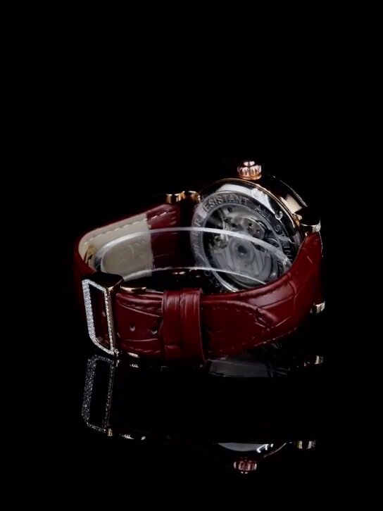 "IWC Style Diamond Bezel Automatic Watch with Skeleton Dial & Red Leather Strap – Luxury Timepiece for Men"