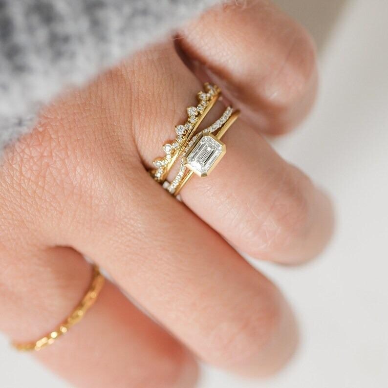 East West Emerald Cut Moissanite Engagement Ring Bezel Set Emerald Cut Wedding Ring 14K Solid Gold Lab Grown Diamond Anniversary Ring.