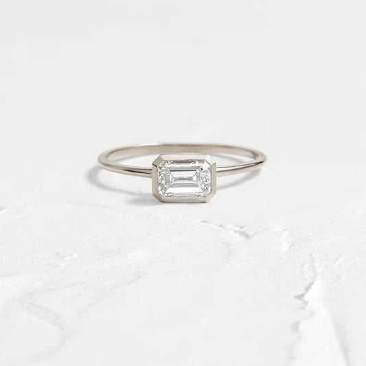 East West Emerald Cut Moissanite Engagement Ring Bezel Set Emerald Cut Wedding Ring 14K Solid Gold Lab Grown Diamond Anniversary Ring.