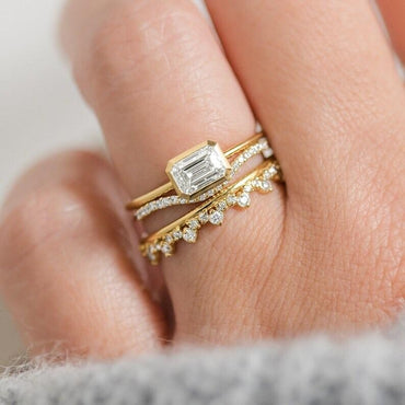 East West Emerald Cut Moissanite Engagement Ring Bezel Set Emerald Cut Wedding Ring 14K Solid Gold Lab Grown Diamond Anniversary Ring.