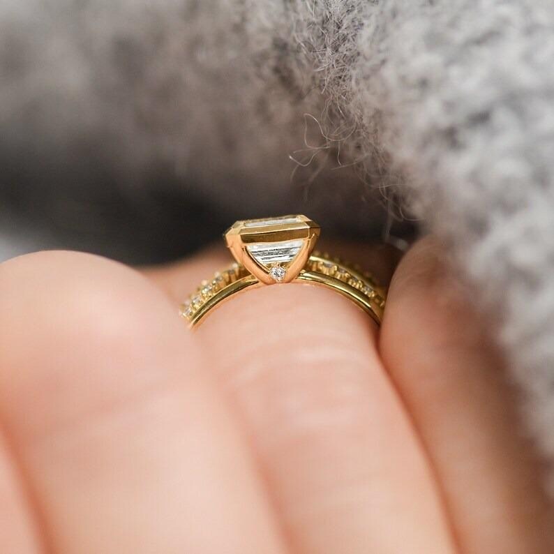 East West Emerald Cut Moissanite Engagement Ring Bezel Set Emerald Cut Wedding Ring 14K Solid Gold Lab Grown Diamond Anniversary Ring.