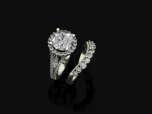 Custom 3CT Lab-Grown Diamond Flower Engagement Ring with Matching 10-Stone Curved Band – 14K White Gold