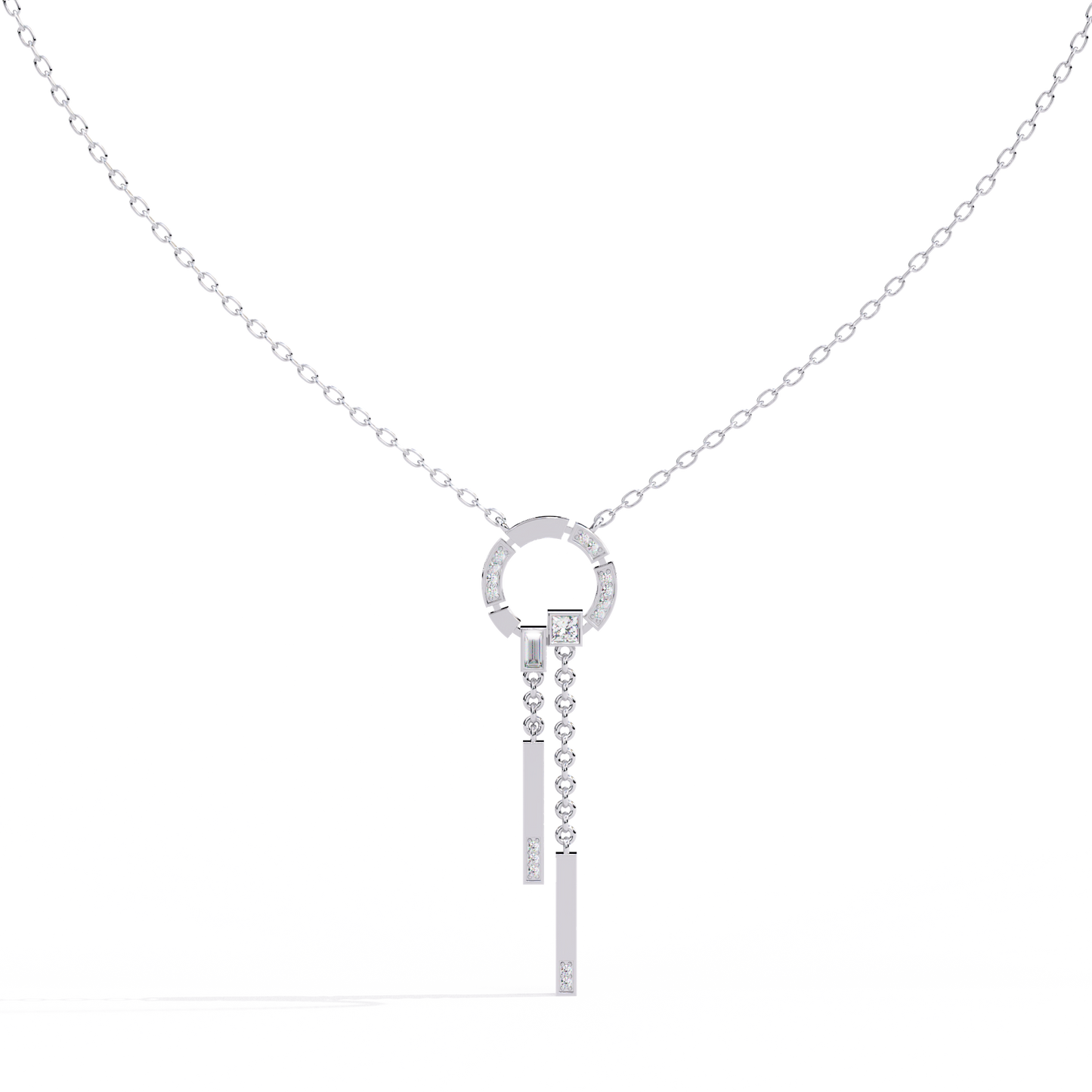 Circle Lariat Bar Drop Necklace | Minimal Y Pendant with Princess-Cut Accents | Lab-Grown Diamond/Moissanite | Solid Gold or Platinum