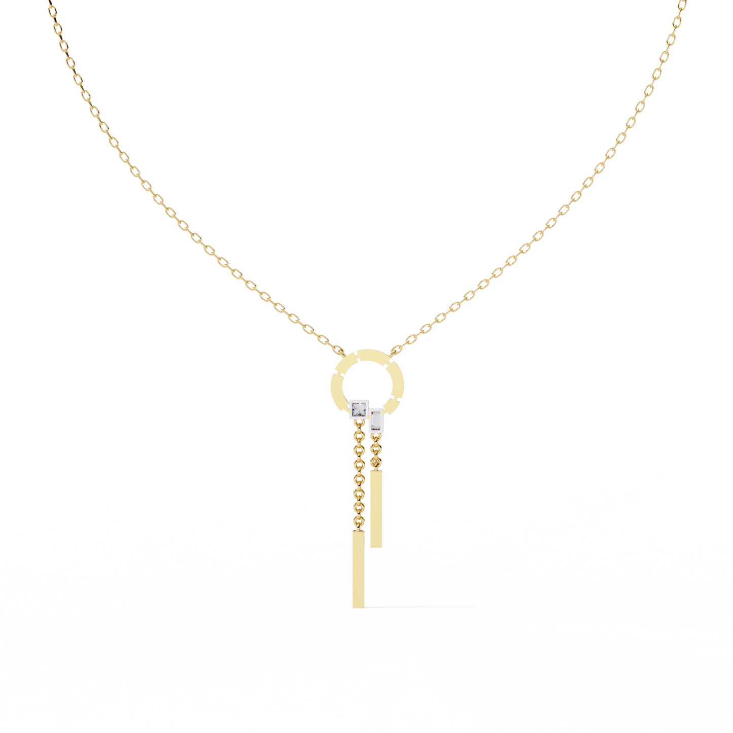 Circle Lariat Bar Drop Necklace | Minimal Y Pendant with Princess-Cut Accents | Lab-Grown Diamond/Moissanite | Solid Gold or Platinum
