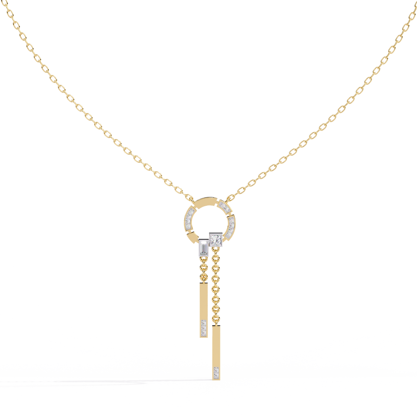 Circle Lariat Bar Drop Necklace | Minimal Y Pendant with Princess-Cut Accents | Lab-Grown Diamond/Moissanite | Solid Gold or Platinum