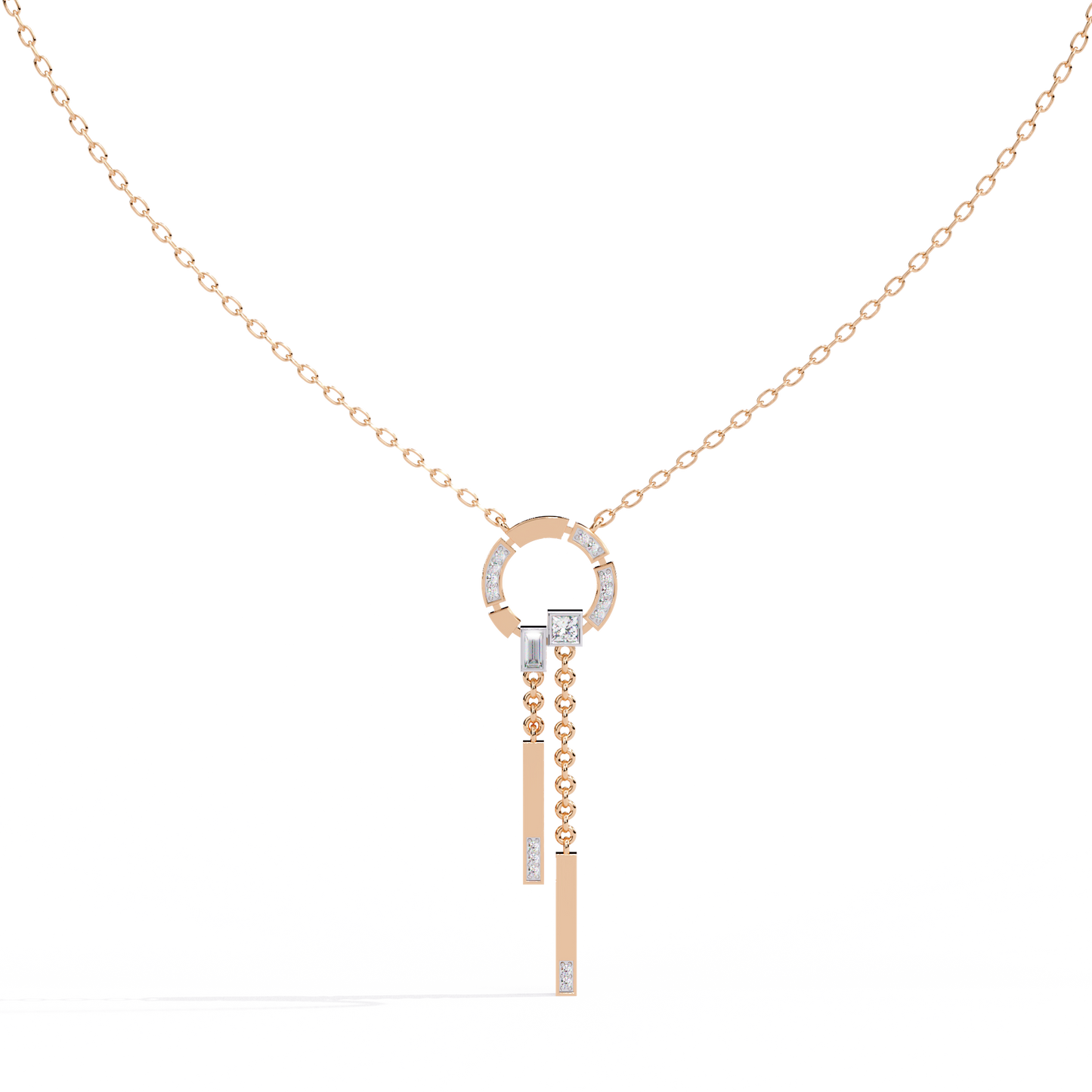 Circle Lariat Bar Drop Necklace | Minimal Y Pendant with Princess-Cut Accents | Lab-Grown Diamond/Moissanite | Solid Gold or Platinum