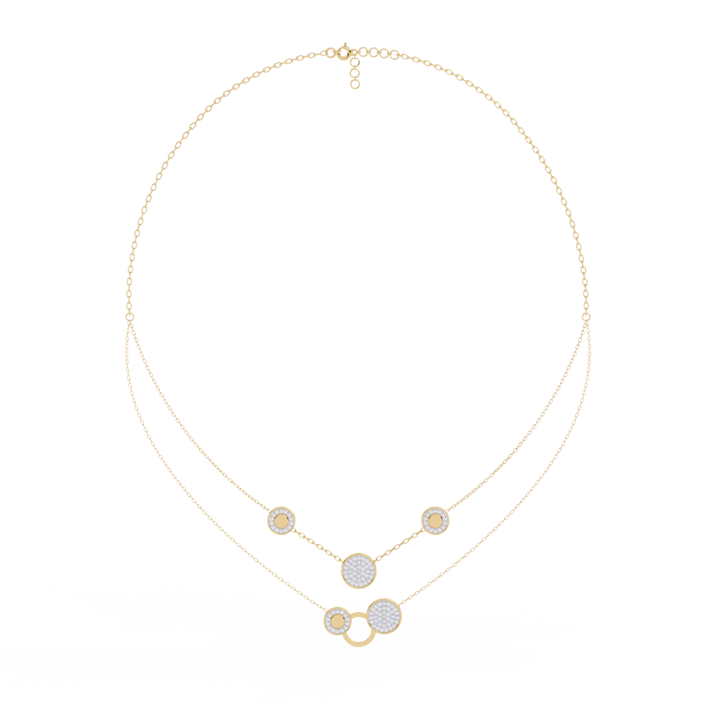 Layered Circle Station Necklace | Double-Strand Pavé Disc Dots & Interlocking Rings | Lab-Grown Diamond/Moissanite | Solid Gold or Platinum