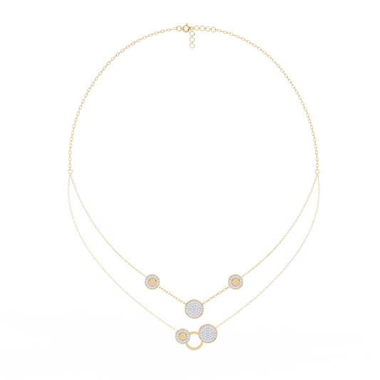 Layered Circle Station Necklace | Double-Strand Pavé Disc Dots & Interlocking Rings | Lab-Grown Diamond/Moissanite | Solid Gold or Platinum