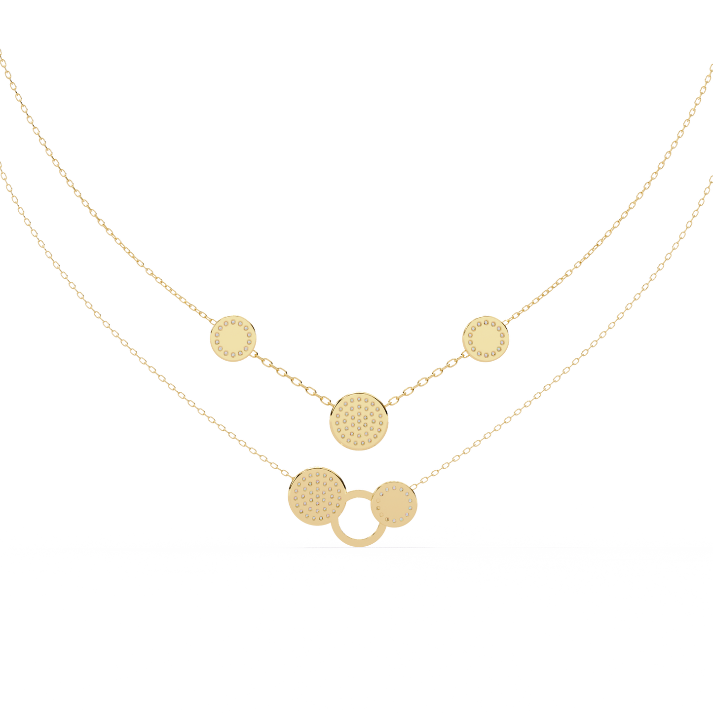 Layered Circle Station Necklace | Double-Strand Pavé Disc Dots & Interlocking Rings | Lab-Grown Diamond/Moissanite | Solid Gold or Platinum