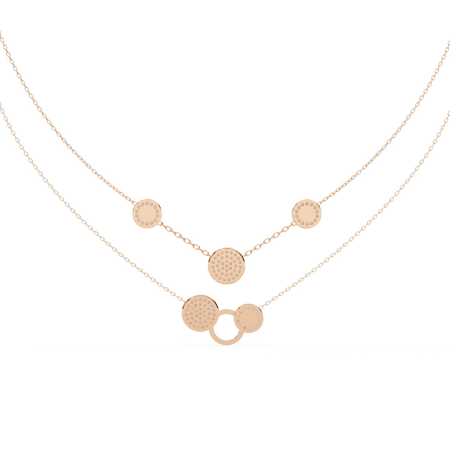 Layered Circle Station Necklace | Double-Strand Pavé Disc Dots & Interlocking Rings | Lab-Grown Diamond/Moissanite | Solid Gold or Platinum