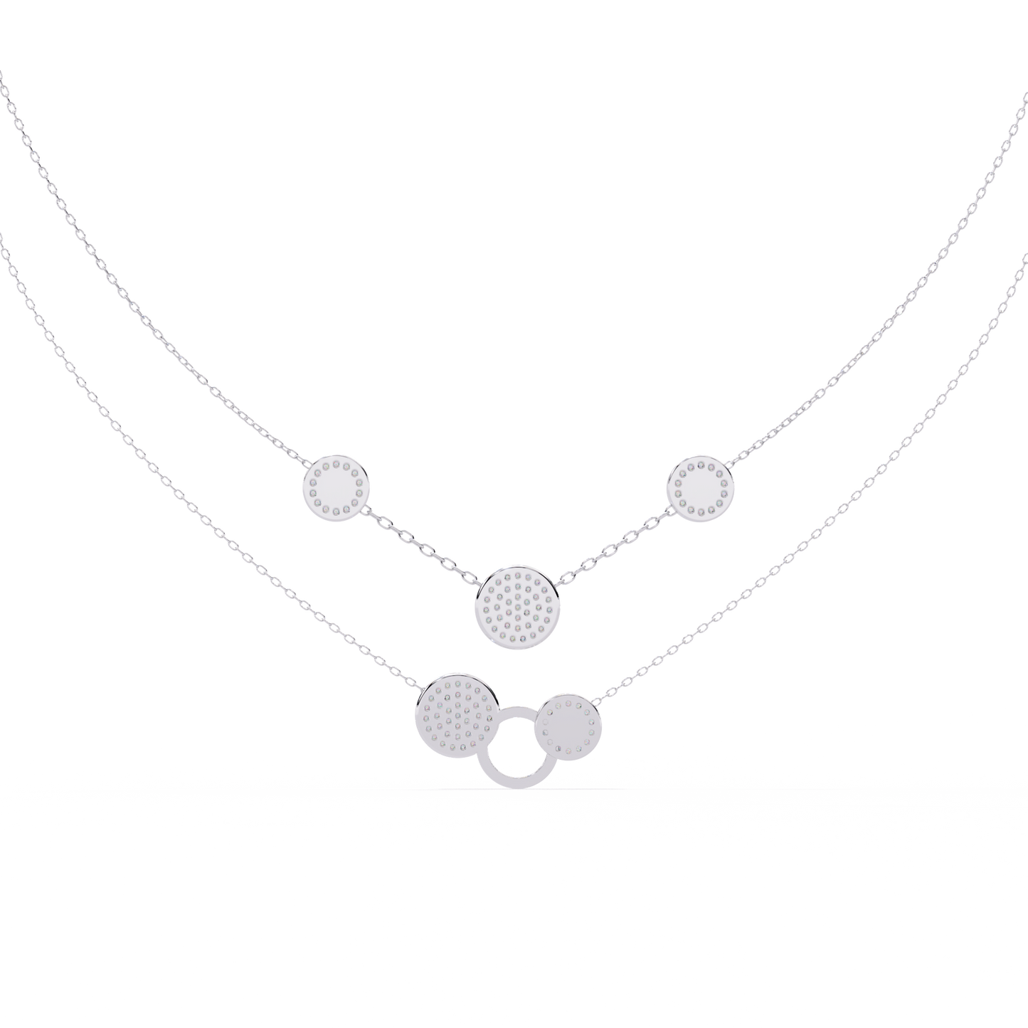 Layered Circle Station Necklace | Double-Strand Pavé Disc Dots & Interlocking Rings | Lab-Grown Diamond/Moissanite | Solid Gold or Platinum