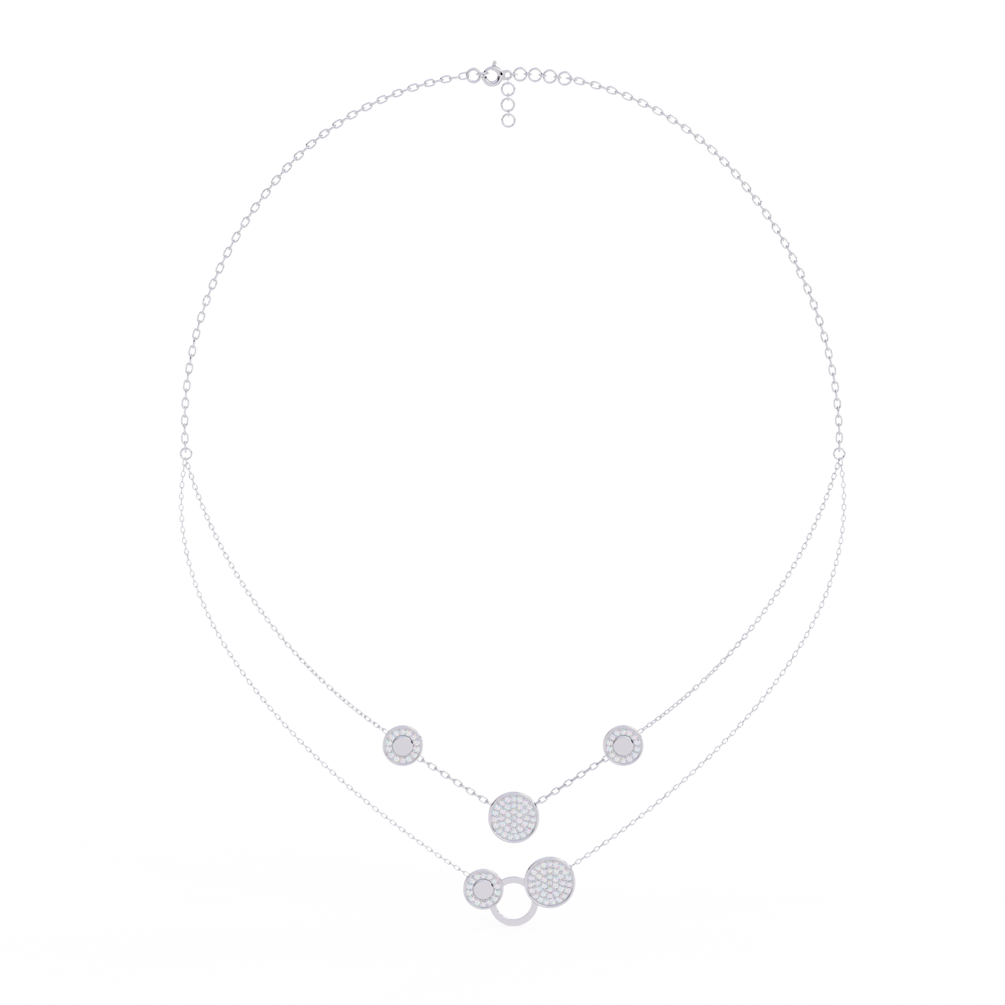 Layered Circle Station Necklace | Double-Strand Pavé Disc Dots & Interlocking Rings | Lab-Grown Diamond/Moissanite | Solid Gold or Platinum