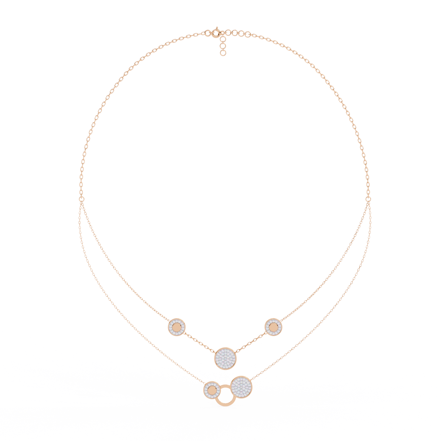 Layered Circle Station Necklace | Double-Strand Pavé Disc Dots & Interlocking Rings | Lab-Grown Diamond/Moissanite | Solid Gold or Platinum