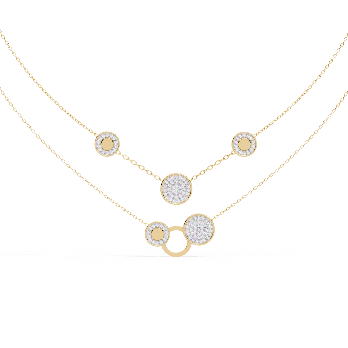 Layered Circle Station Necklace | Double-Strand Pavé Disc Dots & Interlocking Rings | Lab-Grown Diamond/Moissanite | Solid Gold or Platinum