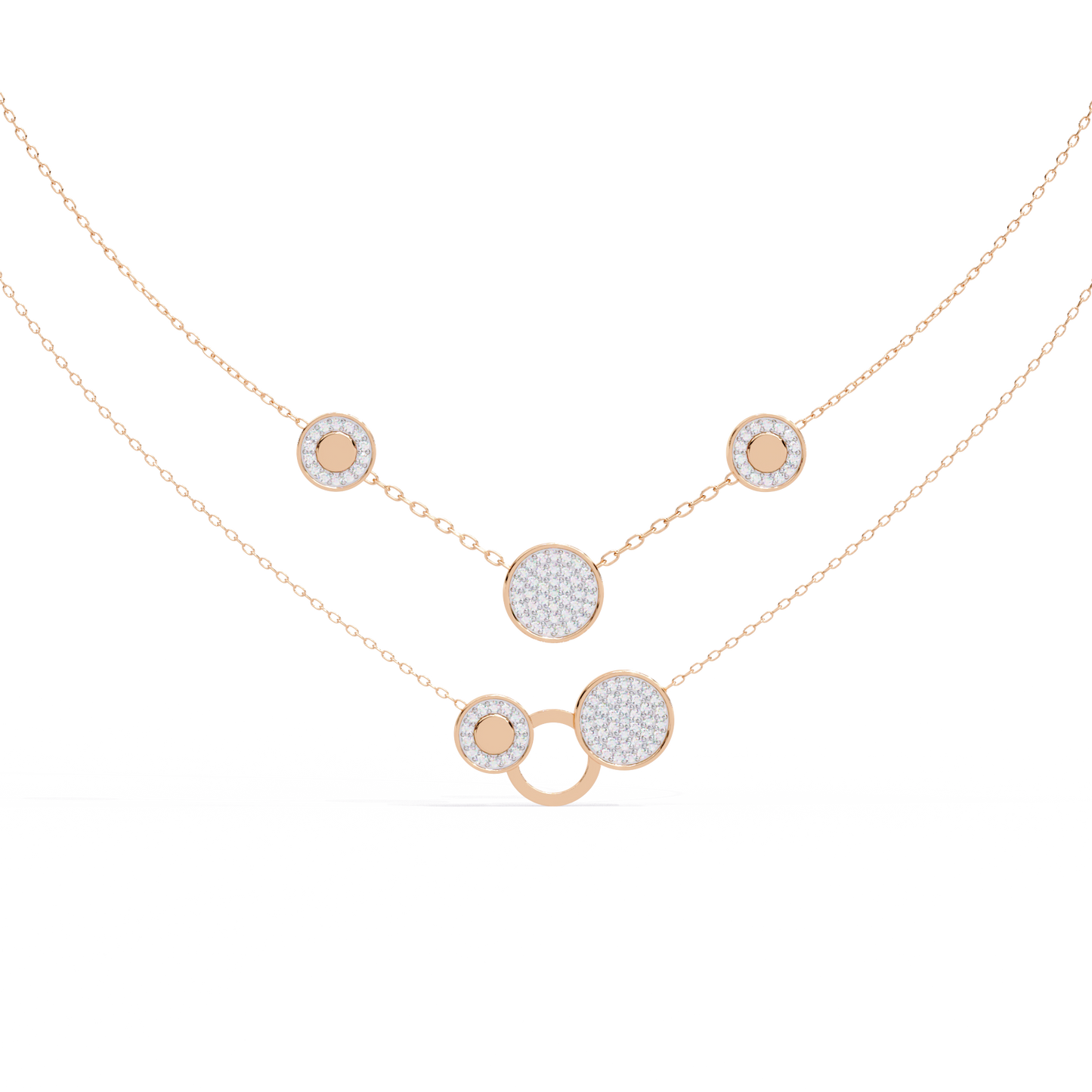 Layered Circle Station Necklace | Double-Strand Pavé Disc Dots & Interlocking Rings | Lab-Grown Diamond/Moissanite | Solid Gold or Platinum