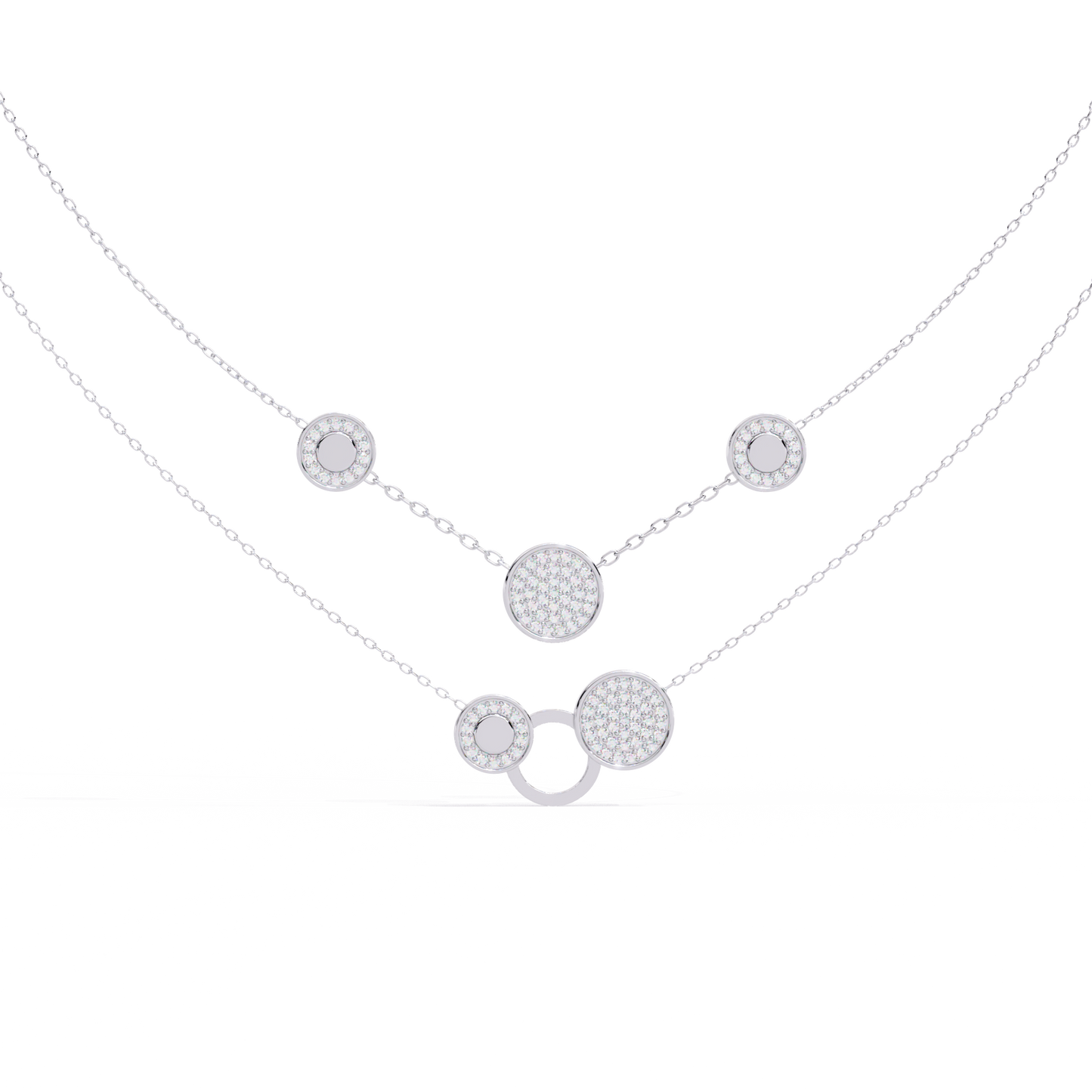 Layered Circle Station Necklace | Double-Strand Pavé Disc Dots & Interlocking Rings | Lab-Grown Diamond/Moissanite | Solid Gold or Platinum