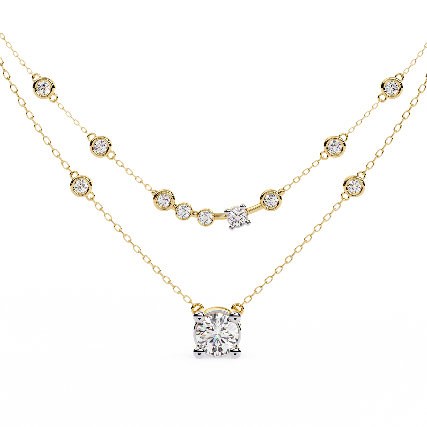 Double-Layer Diamond Necklace | 1 ct Round Solitaire + Graduated Bezel Station Bar | Lab-Grown/Moissanite | Minimal Everyday Luxe | Solid Gold/Platinum