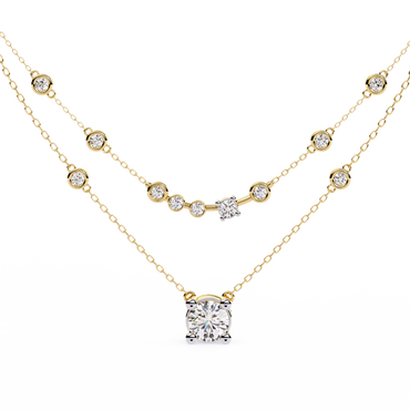 Double-Layer Diamond Necklace | 1 ct Round Solitaire + Graduated Bezel Station Bar | Lab-Grown/Moissanite | Minimal Everyday Luxe | Solid Gold/Platinum