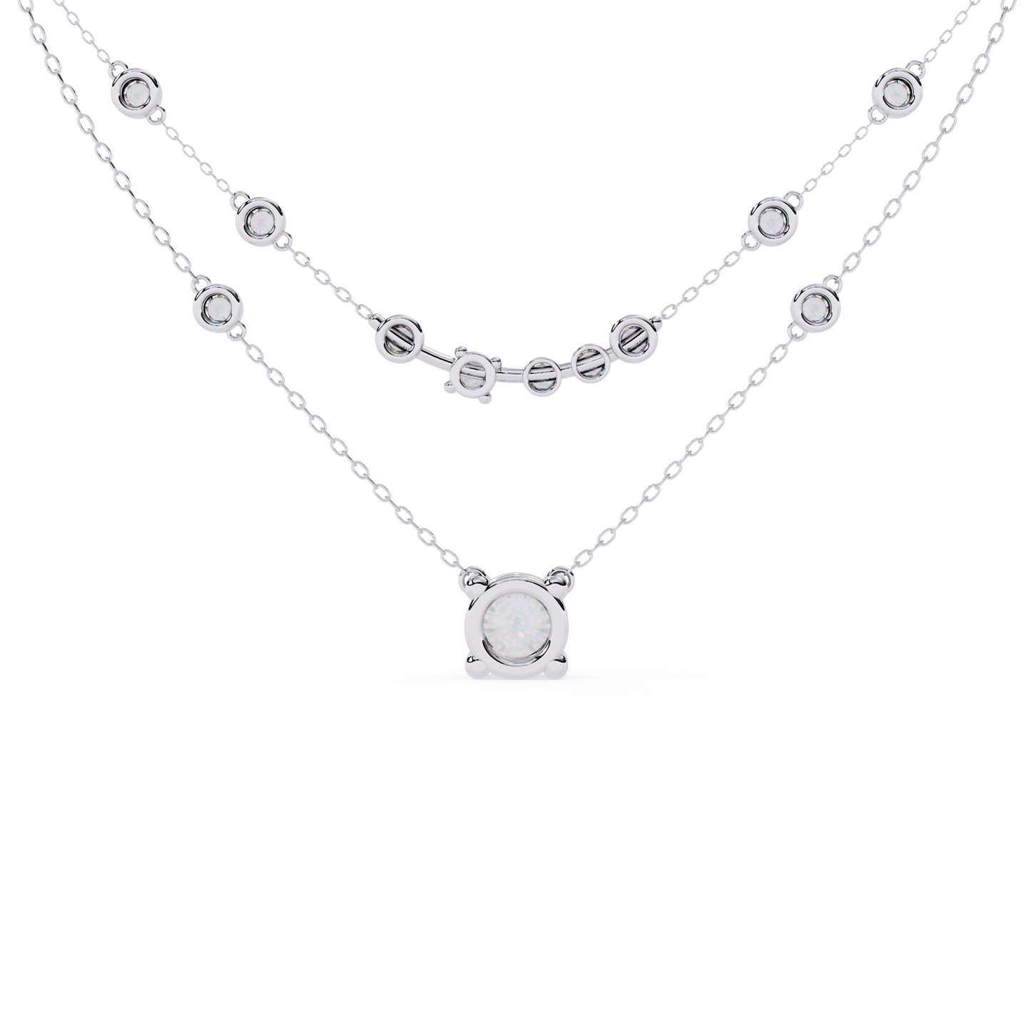 Double-Layer Diamond Necklace | 1 ct Round Solitaire + Graduated Bezel Station Bar | Lab-Grown/Moissanite | Minimal Everyday Luxe | Solid Gold/Platinum