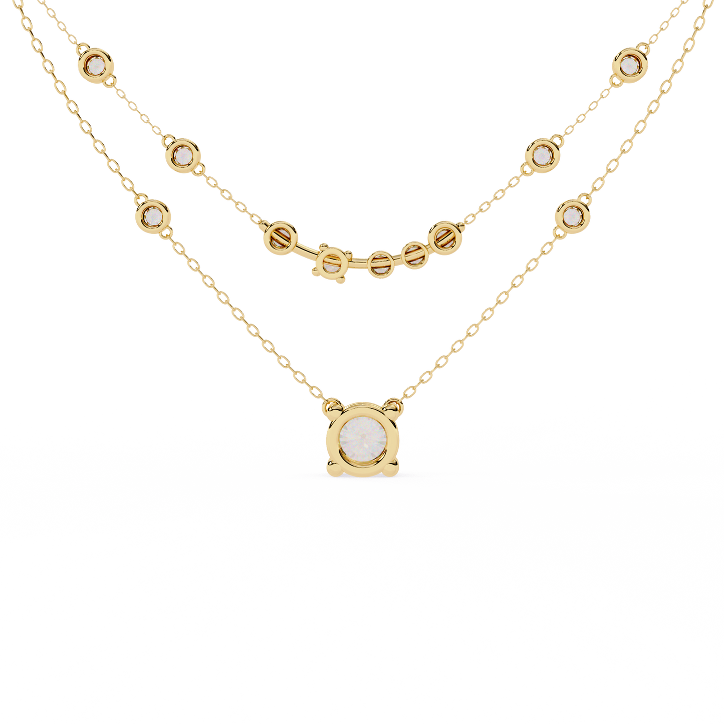 Double-Layer Diamond Necklace | 1 ct Round Solitaire + Graduated Bezel Station Bar | Lab-Grown/Moissanite | Minimal Everyday Luxe | Solid Gold/Platinum