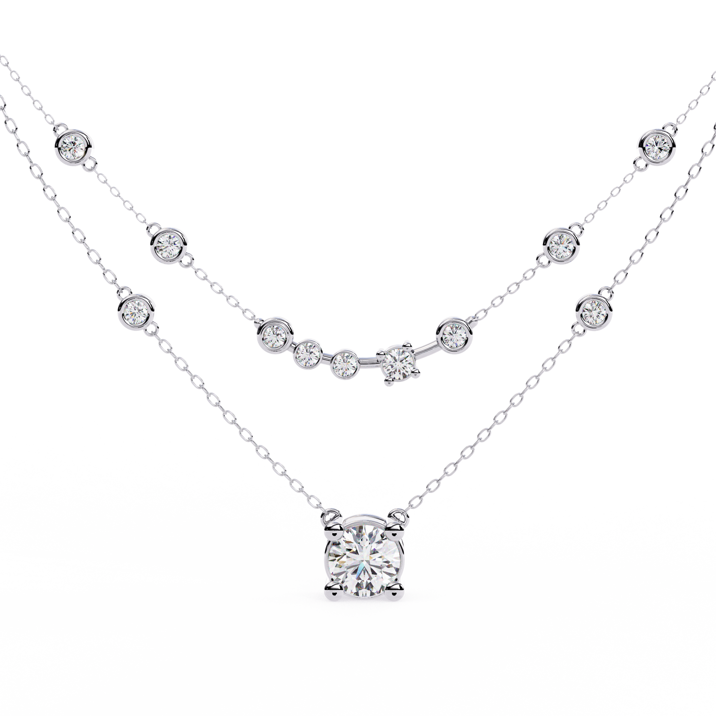 Double-Layer Diamond Necklace | 1 ct Round Solitaire + Graduated Bezel Station Bar | Lab-Grown/Moissanite | Minimal Everyday Luxe | Solid Gold/Platinum