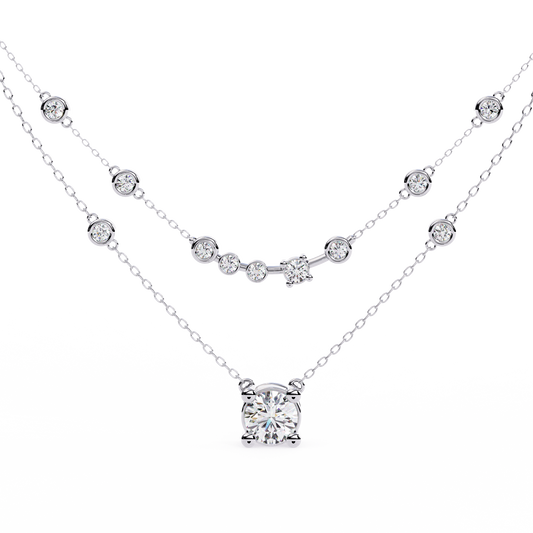 Double-Layer Diamond Necklace | 1 ct Round Solitaire + Graduated Bezel Station Bar | Lab-Grown/Moissanite | Minimal Everyday Luxe | Solid Gold/Platinum