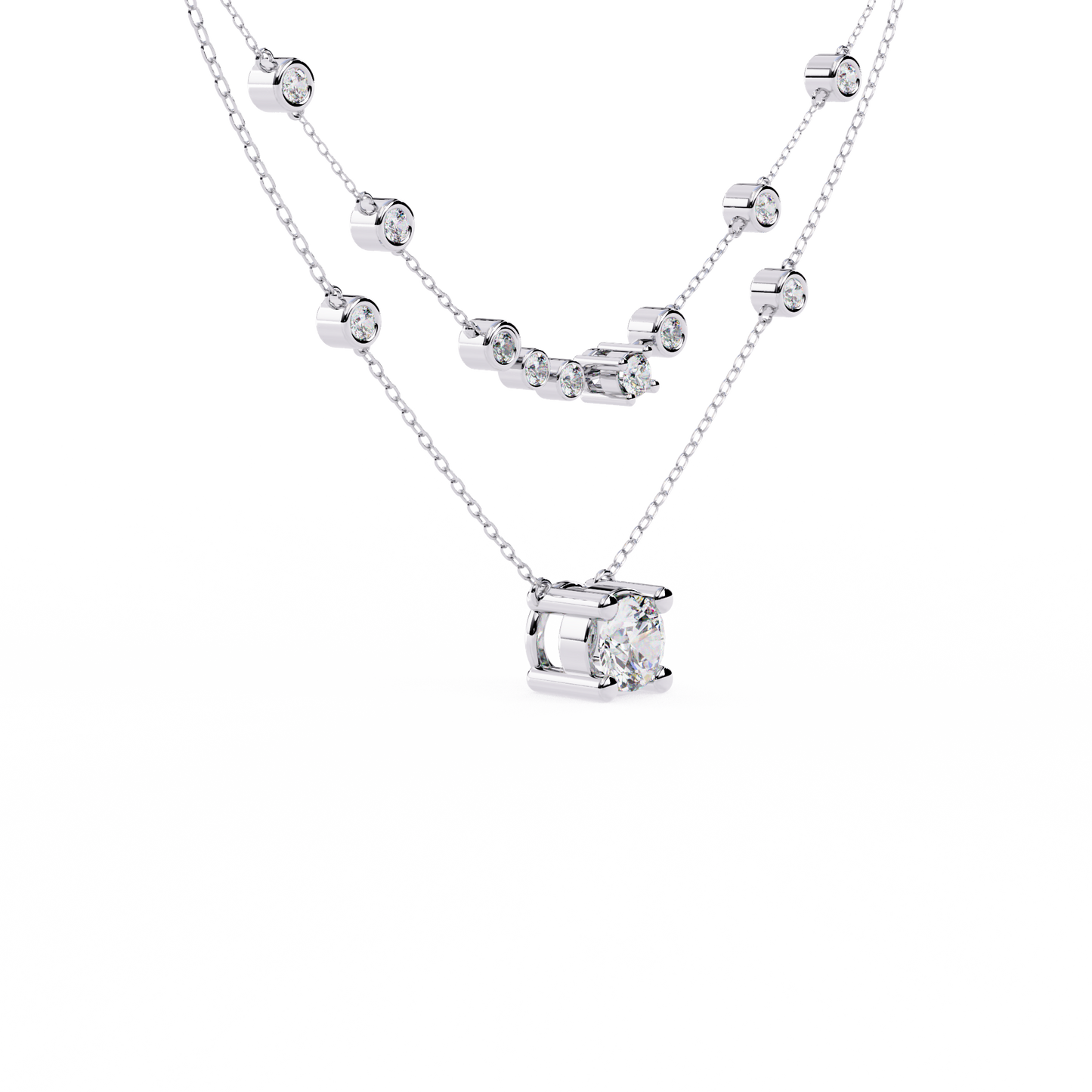 Double-Layer Diamond Necklace | 1 ct Round Solitaire + Graduated Bezel Station Bar | Lab-Grown/Moissanite | Minimal Everyday Luxe | Solid Gold/Platinum