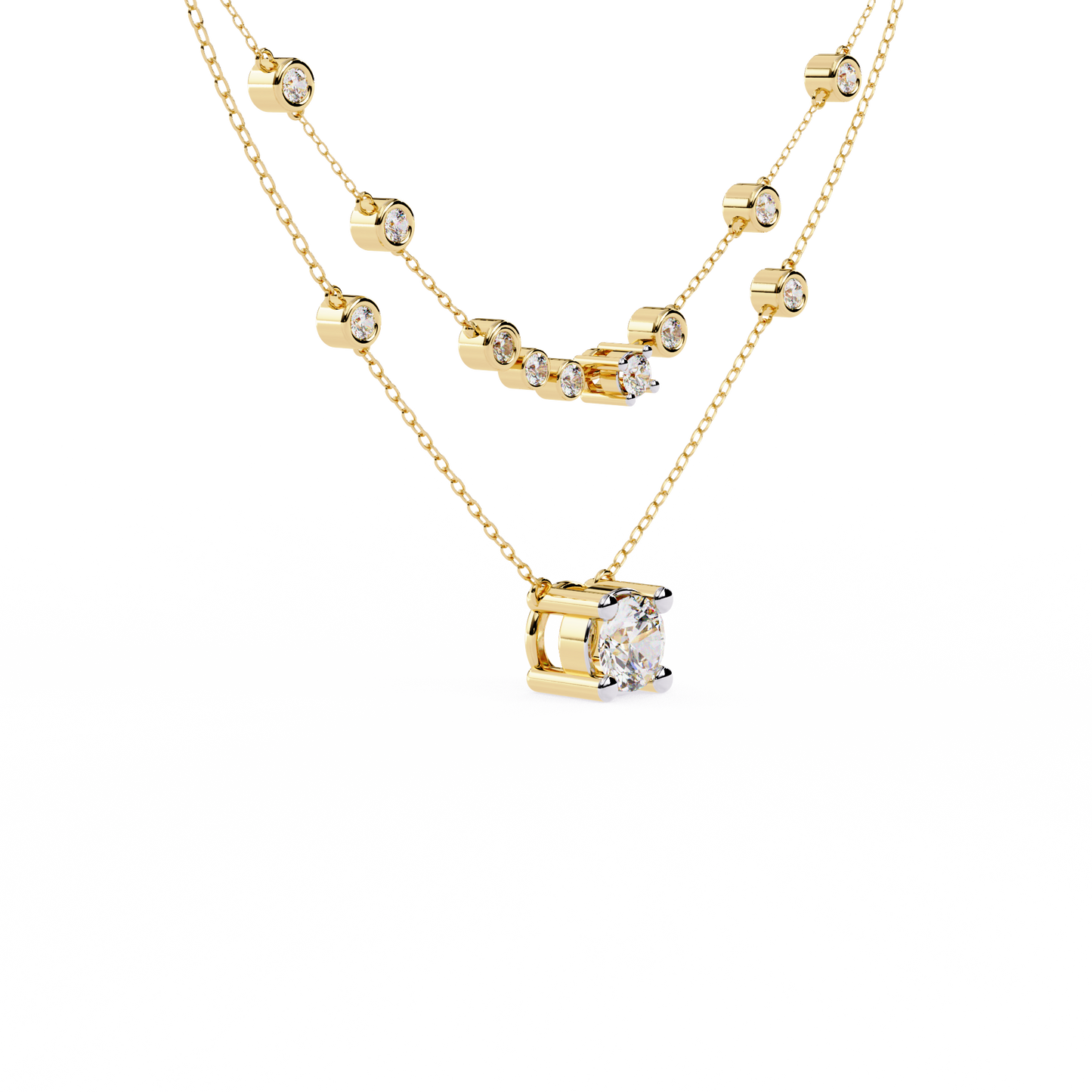 Double-Layer Diamond Necklace | 1 ct Round Solitaire + Graduated Bezel Station Bar | Lab-Grown/Moissanite | Minimal Everyday Luxe | Solid Gold/Platinum