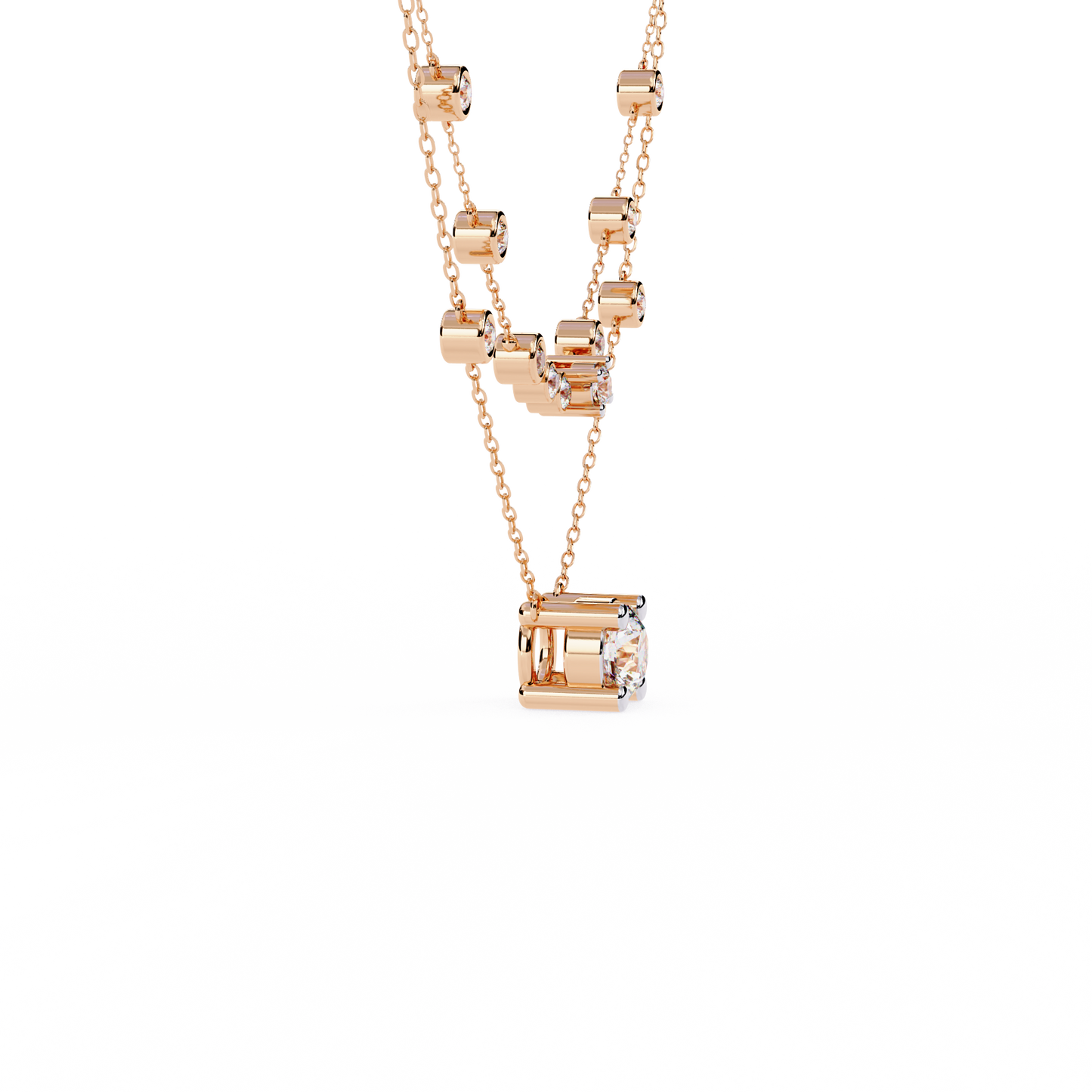 Double-Layer Diamond Necklace | 1 ct Round Solitaire + Graduated Bezel Station Bar | Lab-Grown/Moissanite | Minimal Everyday Luxe | Solid Gold/Platinum