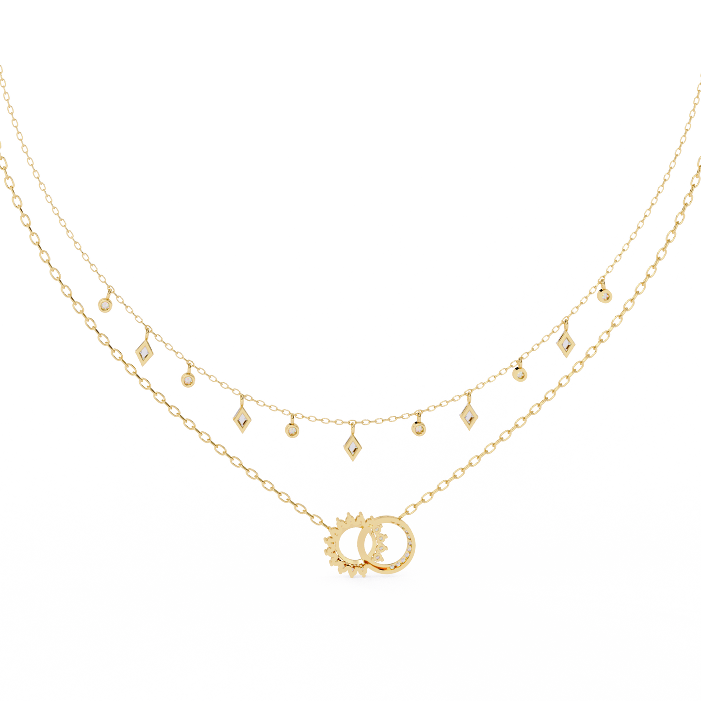 Sun & Moon Double-Layer Necklace | Interlocking Rings Pendant with Kite & Bezel Drop Stations | Lab-Grown Diamond/Moissanite | Solid Gold/Platinum