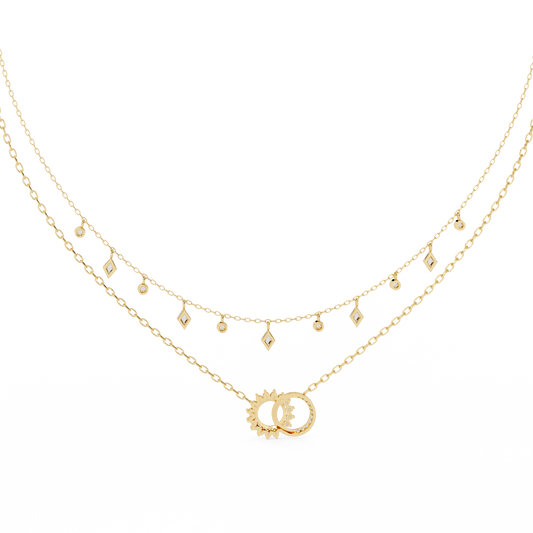 Sun & Moon Double-Layer Necklace | Interlocking Rings Pendant with Kite & Bezel Drop Stations | Lab-Grown Diamond/Moissanite | Solid Gold/Platinum