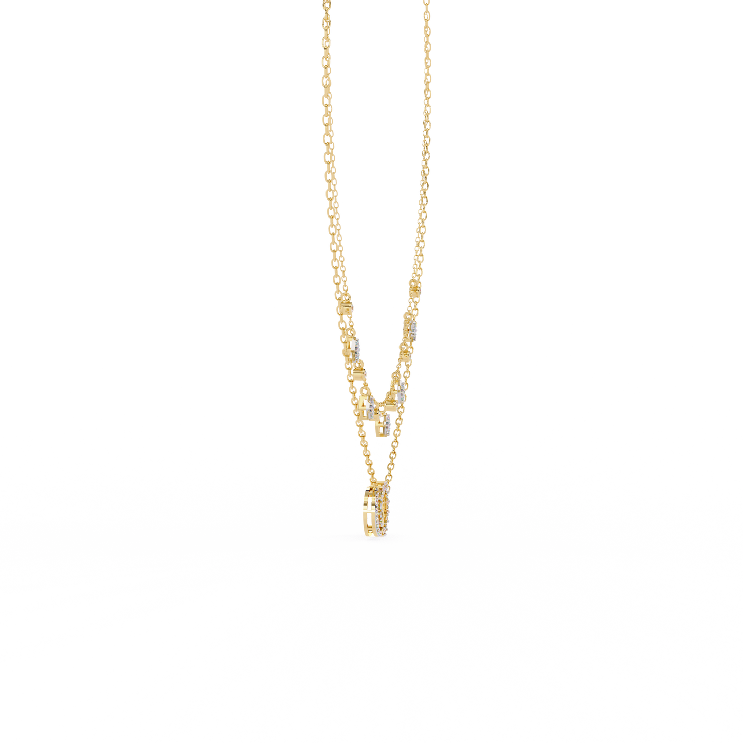 Sun & Moon Double-Layer Necklace | Interlocking Rings Pendant with Kite & Bezel Drop Stations | Lab-Grown Diamond/Moissanite | Solid Gold/Platinum