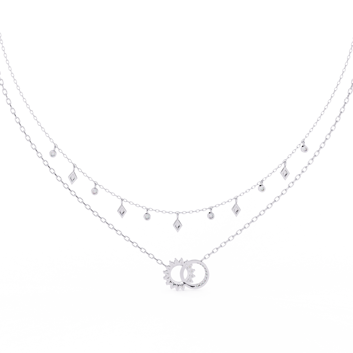 Sun & Moon Double-Layer Necklace | Interlocking Rings Pendant with Kite & Bezel Drop Stations | Lab-Grown Diamond/Moissanite | Solid Gold/Platinum