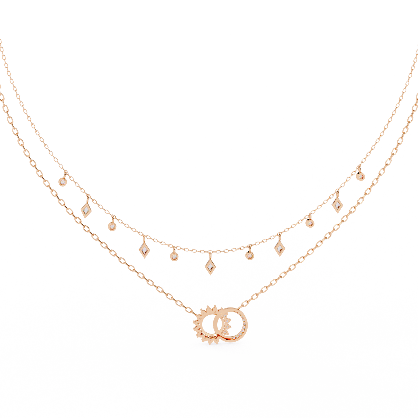 Sun & Moon Double-Layer Necklace | Interlocking Rings Pendant with Kite & Bezel Drop Stations | Lab-Grown Diamond/Moissanite | Solid Gold/Platinum