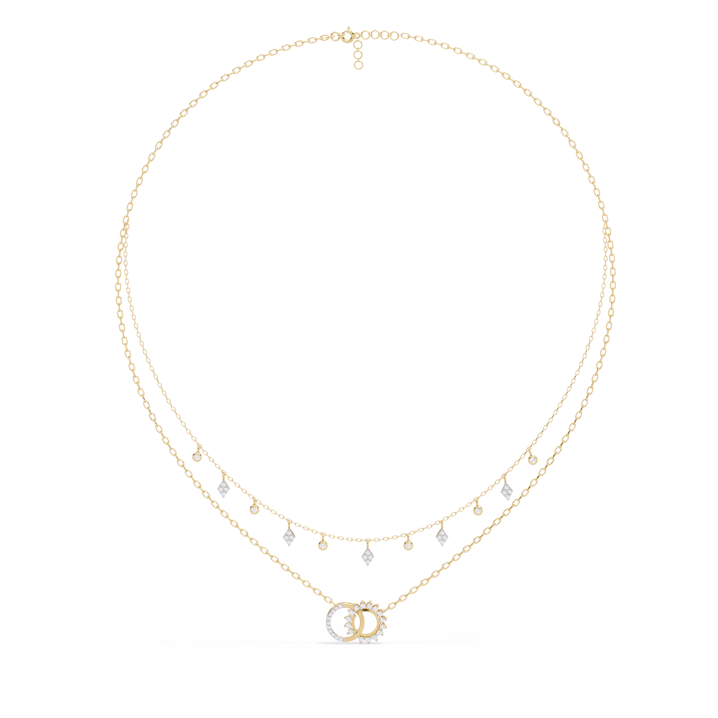 Sun & Moon Double-Layer Necklace | Interlocking Rings Pendant with Kite & Bezel Drop Stations | Lab-Grown Diamond/Moissanite | Solid Gold/Platinum