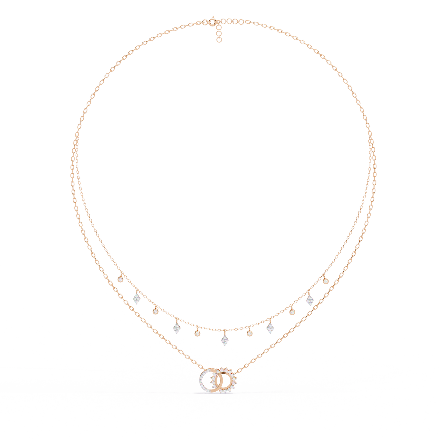 Sun & Moon Double-Layer Necklace | Interlocking Rings Pendant with Kite & Bezel Drop Stations | Lab-Grown Diamond/Moissanite | Solid Gold/Platinum