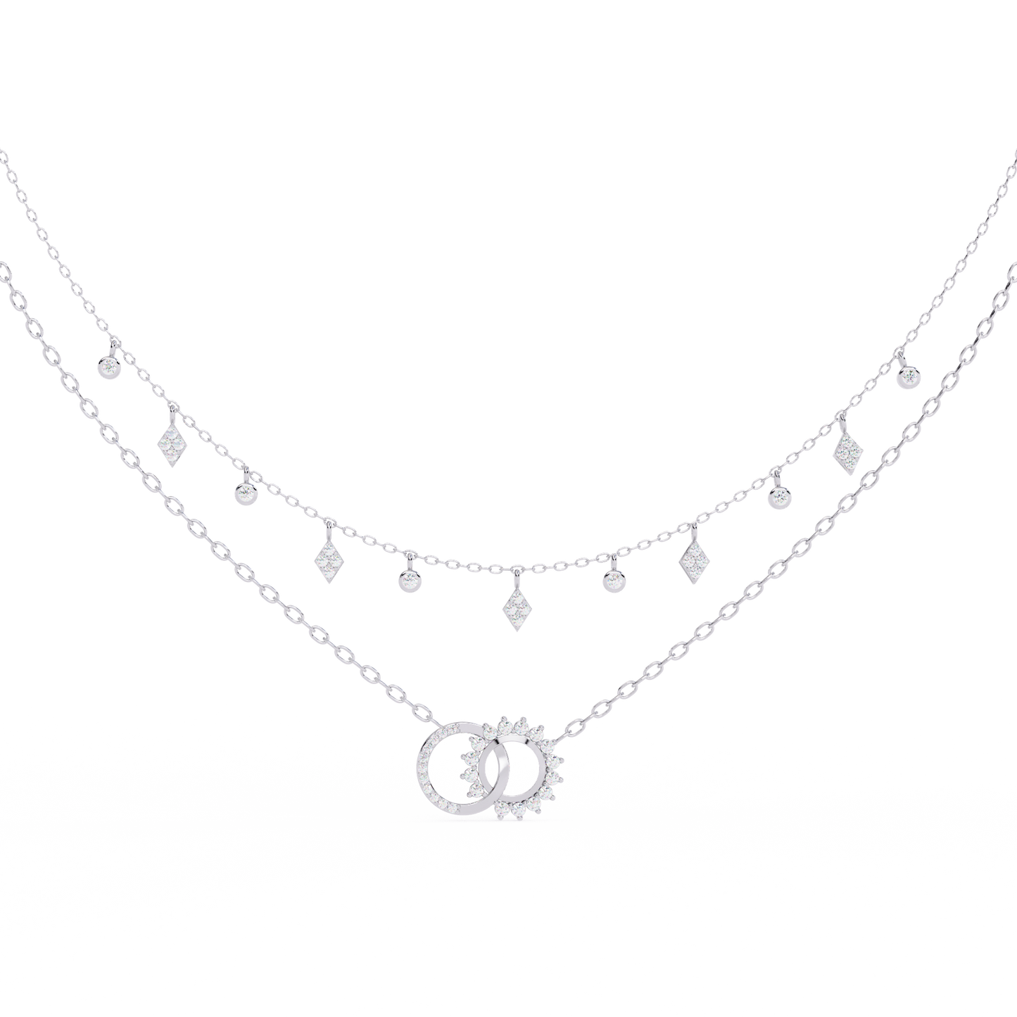 Sun & Moon Double-Layer Necklace | Interlocking Rings Pendant with Kite & Bezel Drop Stations | Lab-Grown Diamond/Moissanite | Solid Gold/Platinum