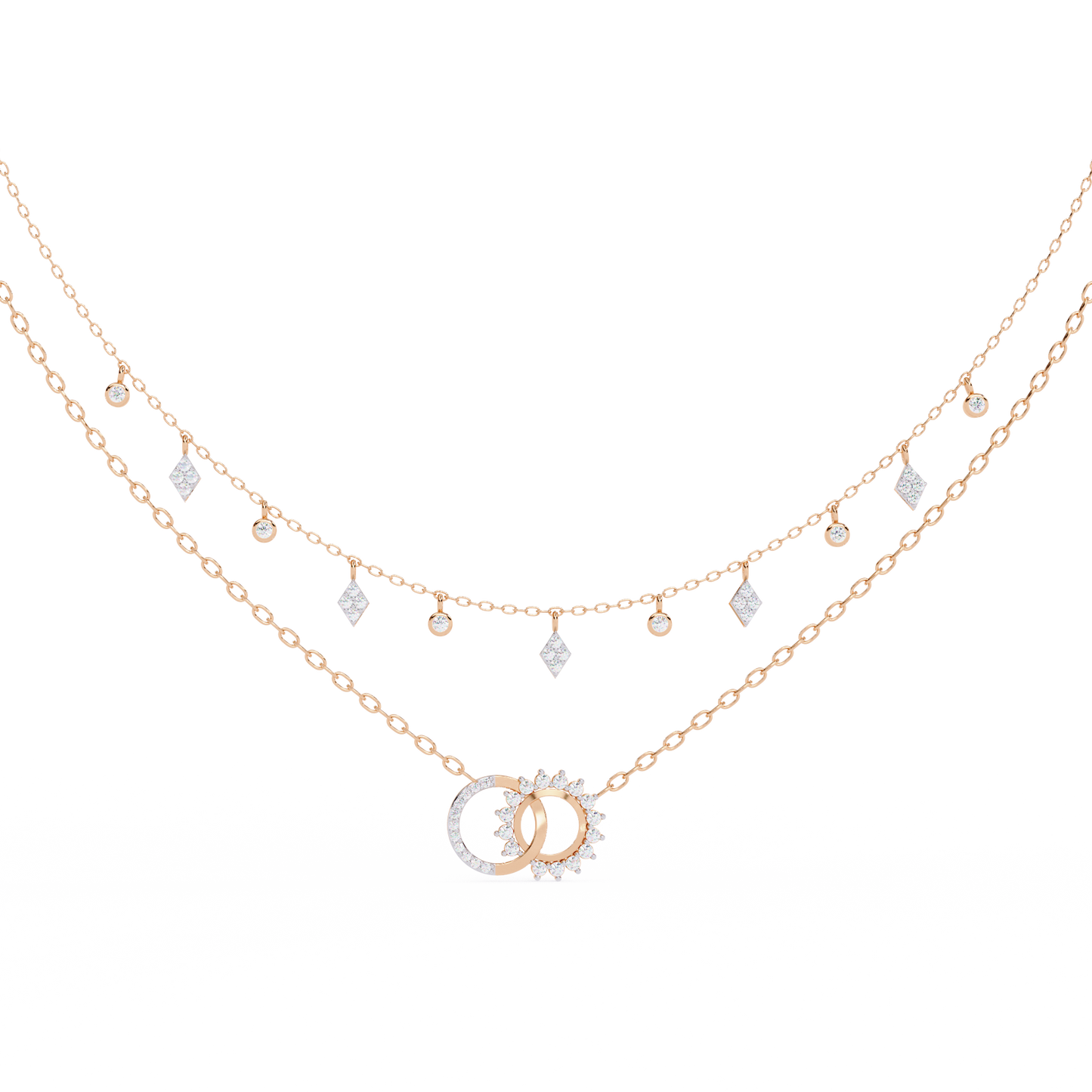 Sun & Moon Double-Layer Necklace | Interlocking Rings Pendant with Kite & Bezel Drop Stations | Lab-Grown Diamond/Moissanite | Solid Gold/Platinum