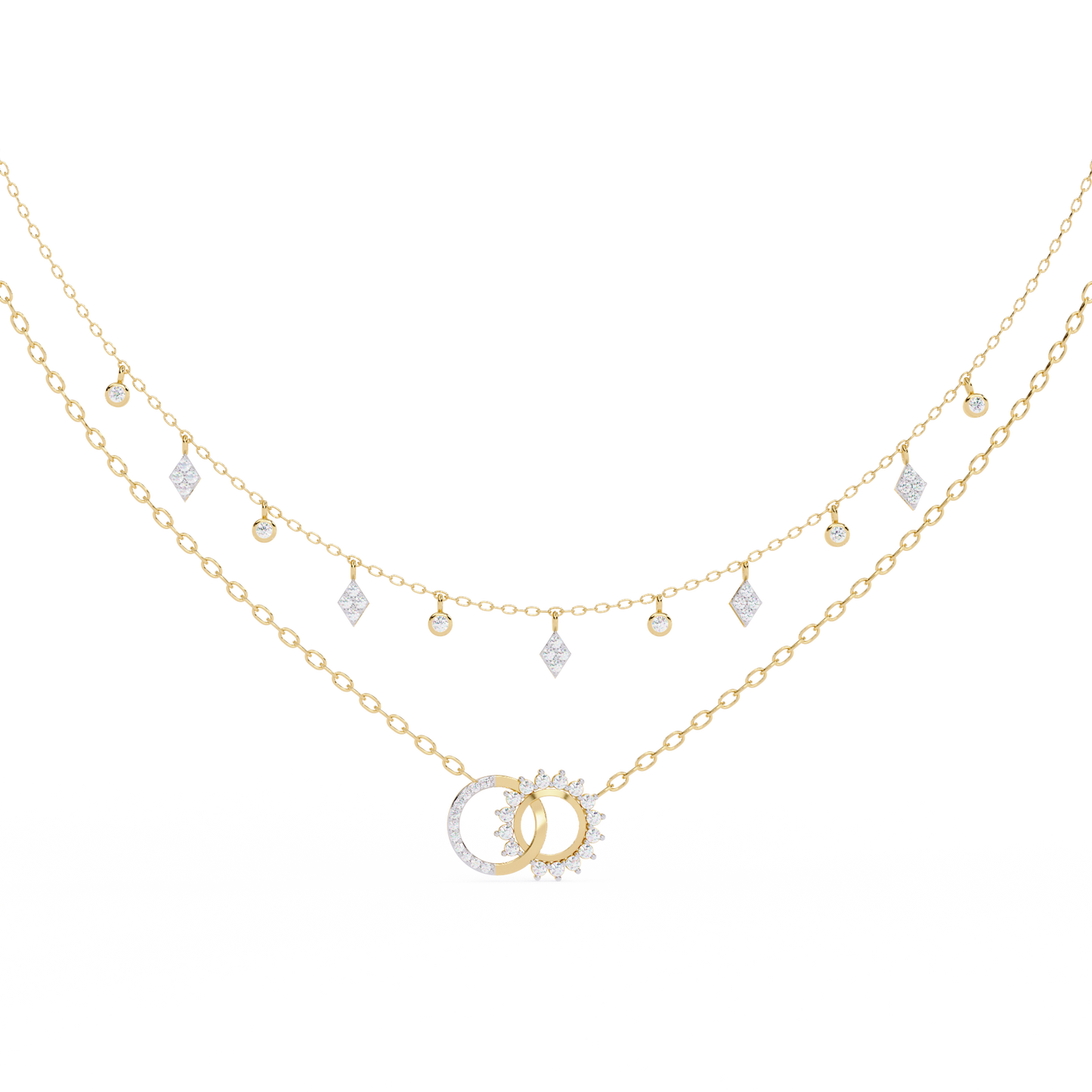 Sun & Moon Double-Layer Necklace | Interlocking Rings Pendant with Kite & Bezel Drop Stations | Lab-Grown Diamond/Moissanite | Solid Gold/Platinum