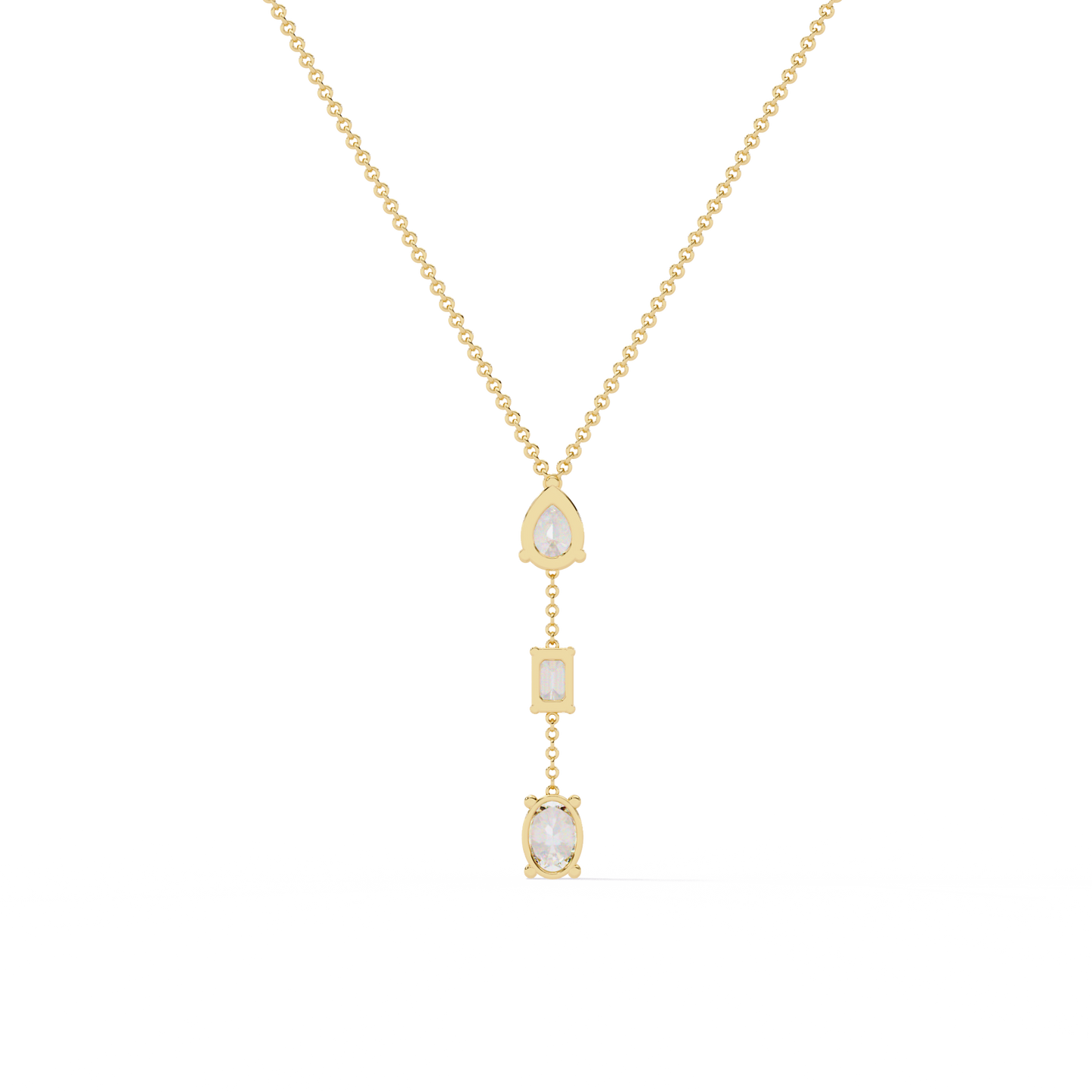 Trinity Drop Necklace | Pear–Emerald–Oval Diamond Stones on Dainty Y Chain | Minimal Lariat Pendant for Women, Elegant Everyday Gift