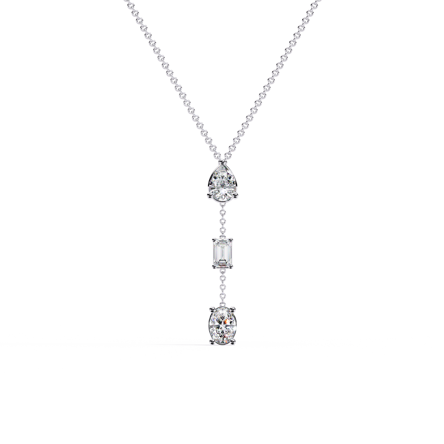 Trinity Drop Necklace | Pear–Emerald–Oval Diamond Stones on Dainty Y Chain | Minimal Lariat Pendant for Women, Elegant Everyday Gift